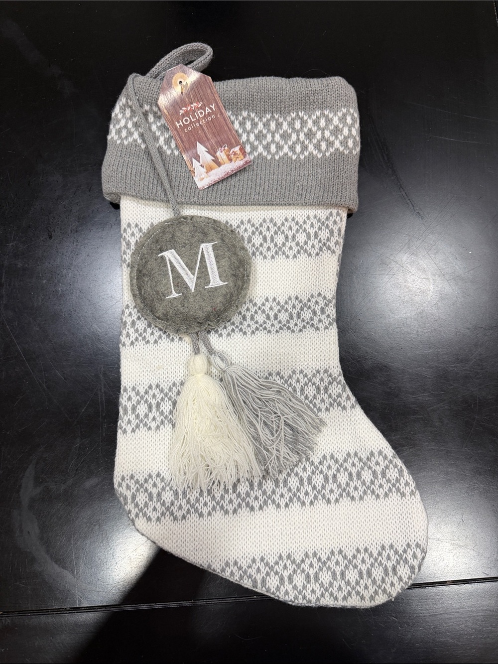 Gray & Cream Knit Holiday Stocking with Monogram Tassel